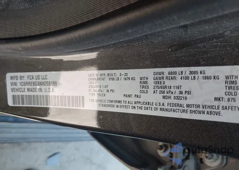 2022 Ram 1500 Big Horn 4X2 6'4 Box z USA, uszkodzony, nr VIN 1C6RREBG8NN268199